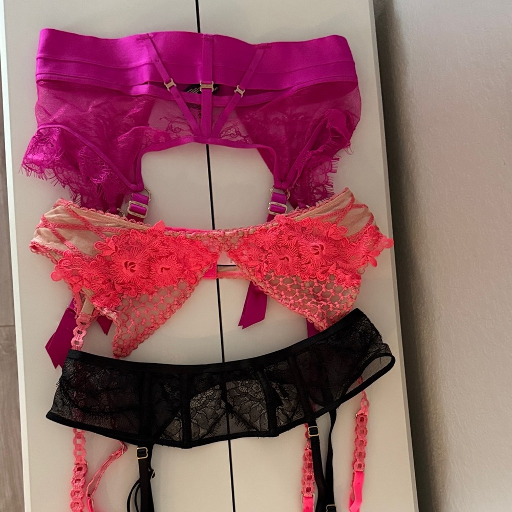 Honey Birdette Vibrant Lace Set - Purple, Pink, and Black garters